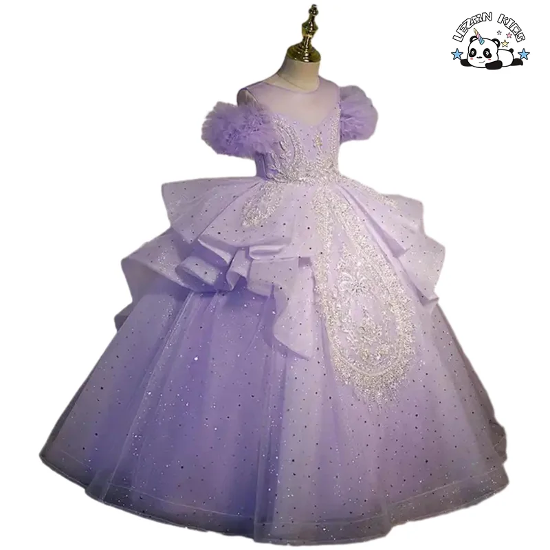 LEZONKIDS - Tulle Dress Ball Gown Sequined Beaded Pearl Glitter High Craft Tulle Prom Dress Birthday Party Piano Performance Girl Dress